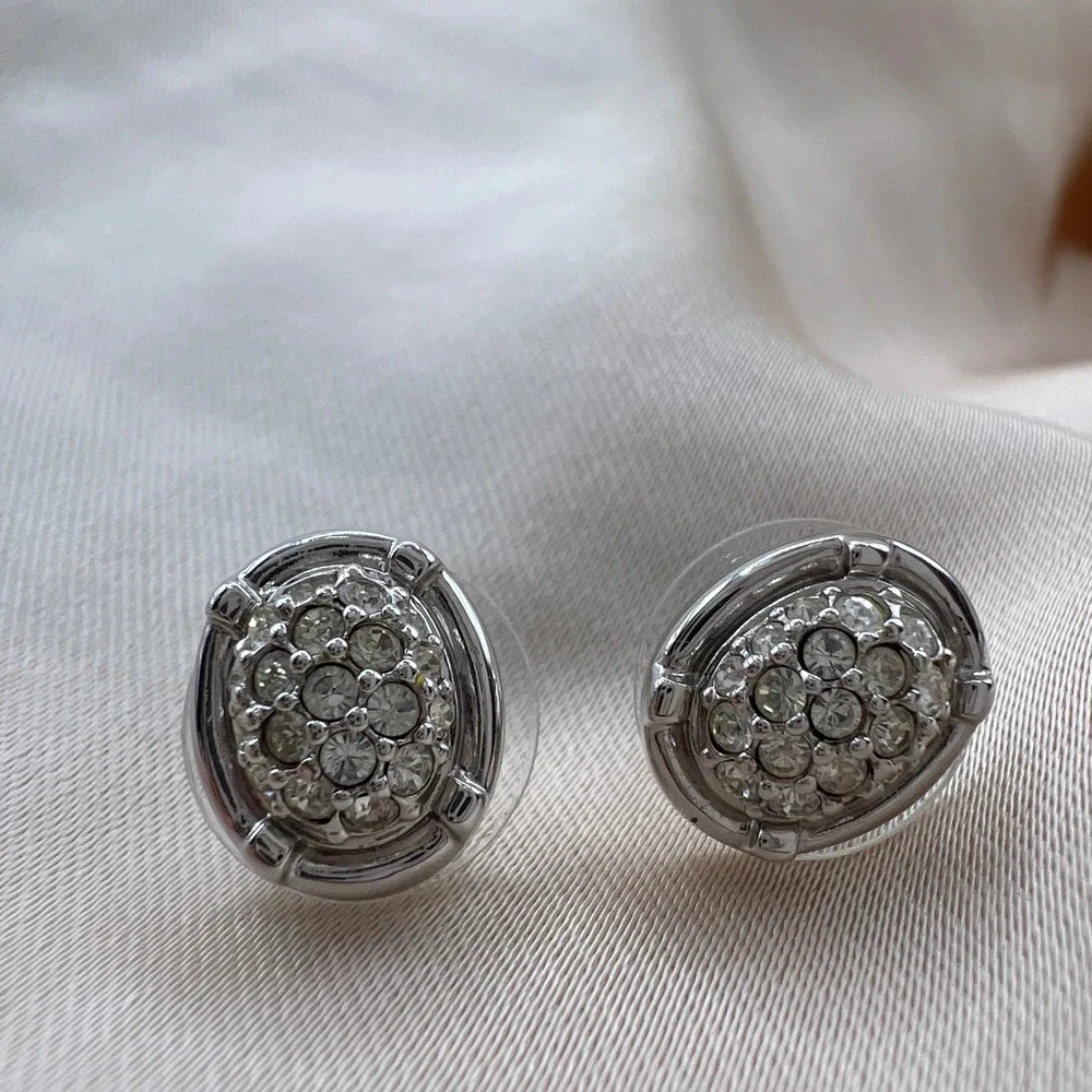 Vintage Swarovski Crystal Oval Cluster Stud Earrings Silver Tone Signed